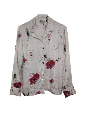Vintage Austin Reed 100% Silk Floral Shirt Womens Size 16 Cream Red Poppy Blouse
